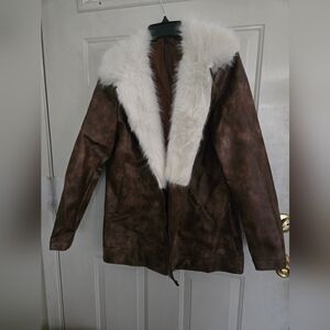 NWOT Womens Brown Jacket with White Fur Collar Faux Leather